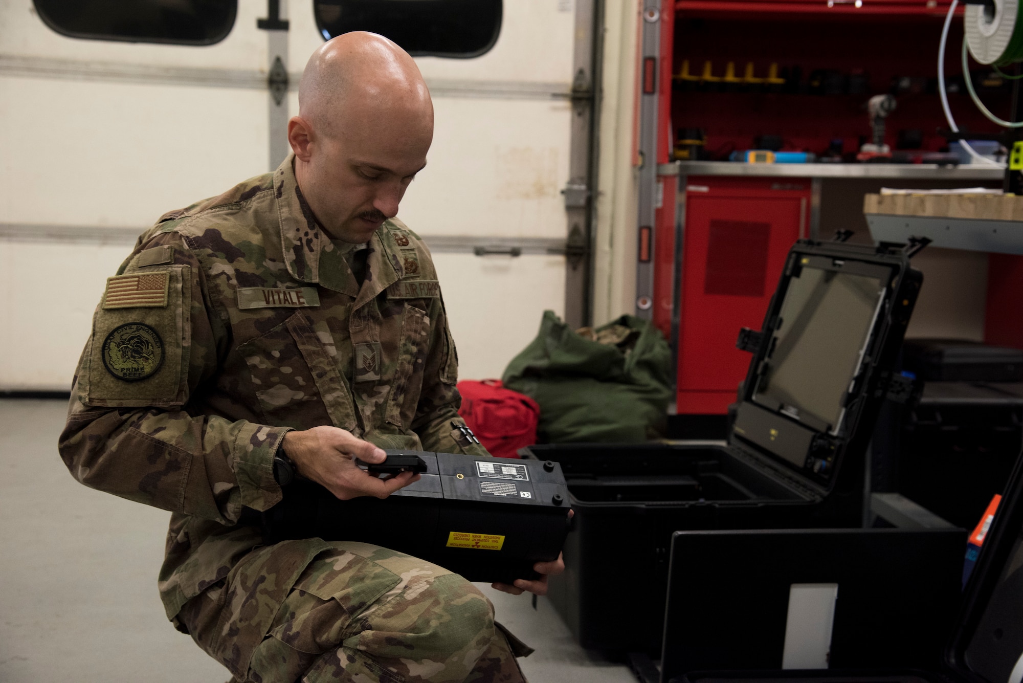 Staff Sgt. Andrew Vitale, 436th Civil Engineer Squadron explosive ordnance disposal (EOD) craftsman, sets up an x-ray device.