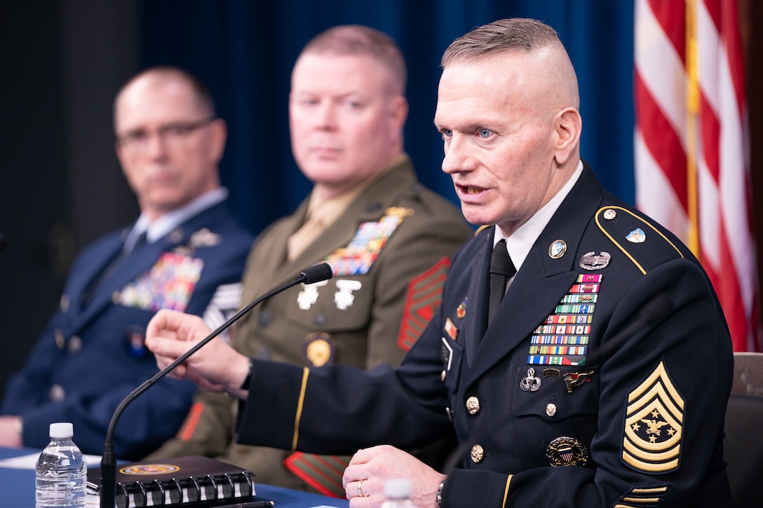 Combatant command senior enlisted leaders speak to members of the Pentagon press during the 2019 Defense Senior Enlisted Leader Council event in the Pentagon Press Briefing Room, Washington, D.C., Dec. 9, 2019.