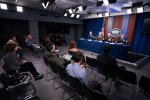 Combatant command senior enlisted leaders speak to members of the Pentagon press during the 2019 Defense Senior Enlisted Leader Council event in the Pentagon Press Briefing Room, Washington, D.C., Dec. 9, 2019.
