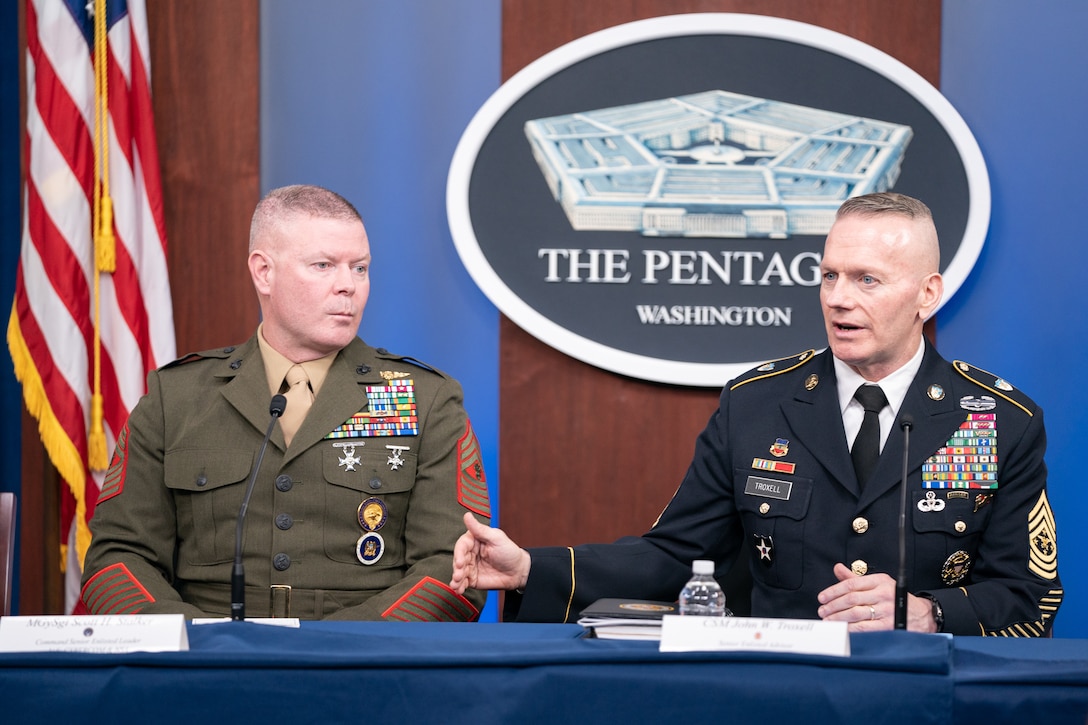 Combatant command senior enlisted leaders speak to members of the Pentagon press during the 2019 Defense Senior Enlisted Leader Council event in the Pentagon Press Briefing Room, Washington, D.C., Dec. 9, 2019.