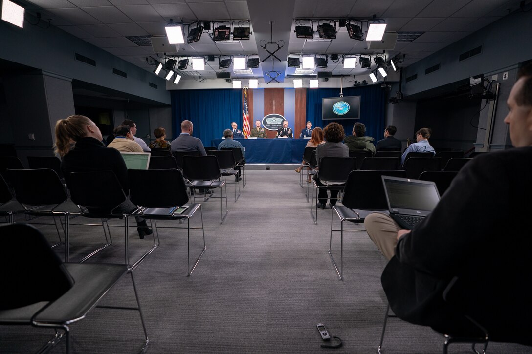 Combatant command senior enlisted leaders speak to members of the Pentagon press during the 2019 Defense Senior Enlisted Leader Council event in the Pentagon Press Briefing Room, Washington, D.C., Dec. 9, 2019.