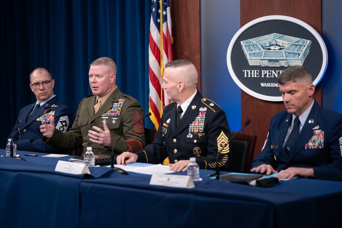 Combatant command senior enlisted leaders speak to members of the Pentagon press during the 2019 Defense Senior Enlisted Leader Council event in the Pentagon Press Briefing Room, Washington, D.C., Dec. 9, 2019.