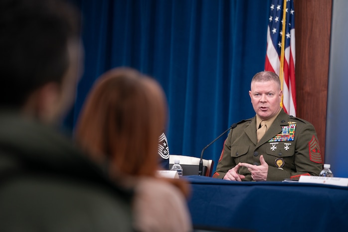 Combatant command senior enlisted leaders speak to members of the Pentagon press during the 2019 Defense Senior Enlisted Leader Council event in the Pentagon Press Briefing Room, Washington, D.C., Dec. 9, 2019.