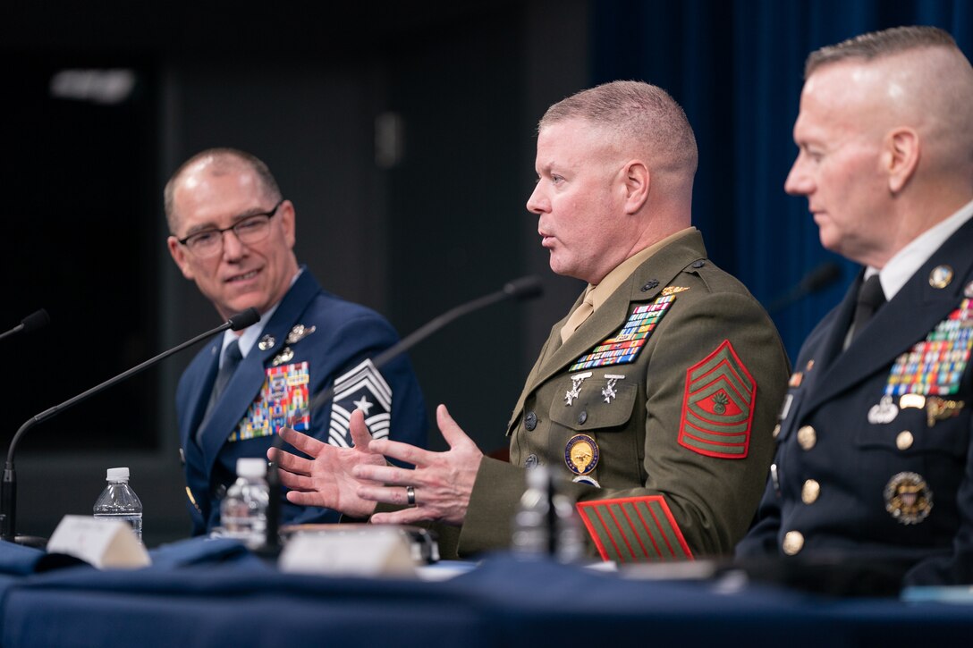 Combatant command senior enlisted leaders speak to members of the Pentagon press during the 2019 Defense Senior Enlisted Leader Council event in the Pentagon Press Briefing Room, Washington, D.C., Dec. 9, 2019.