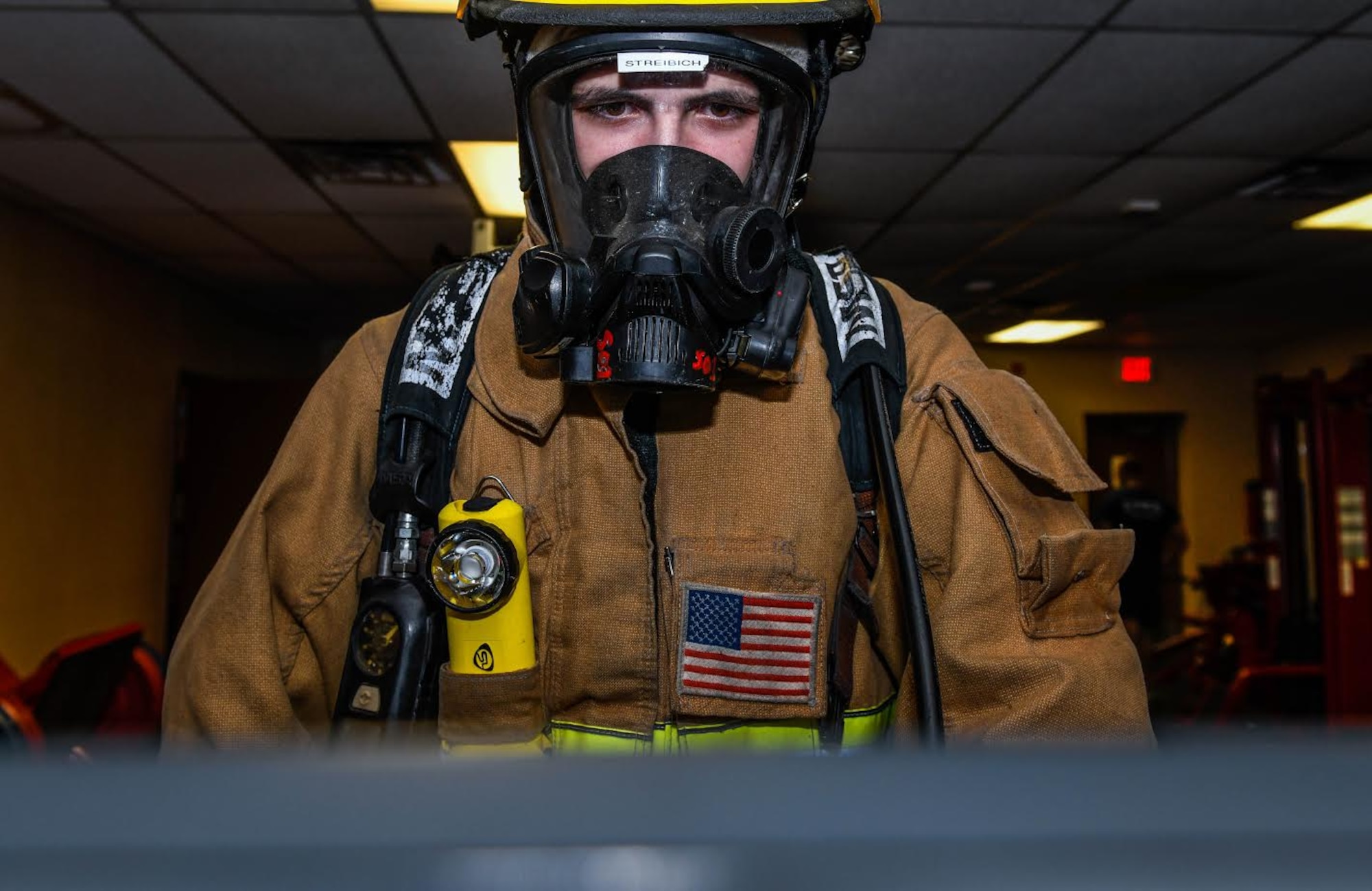 Airman 1st Class Jarrod Streibich, 56th Civil Engineer Squadron firefighter, exercises on a treadmill in full turnout gear Dec. 8, 2019, at the Luke Air Force Base Fire Department, Ariz.