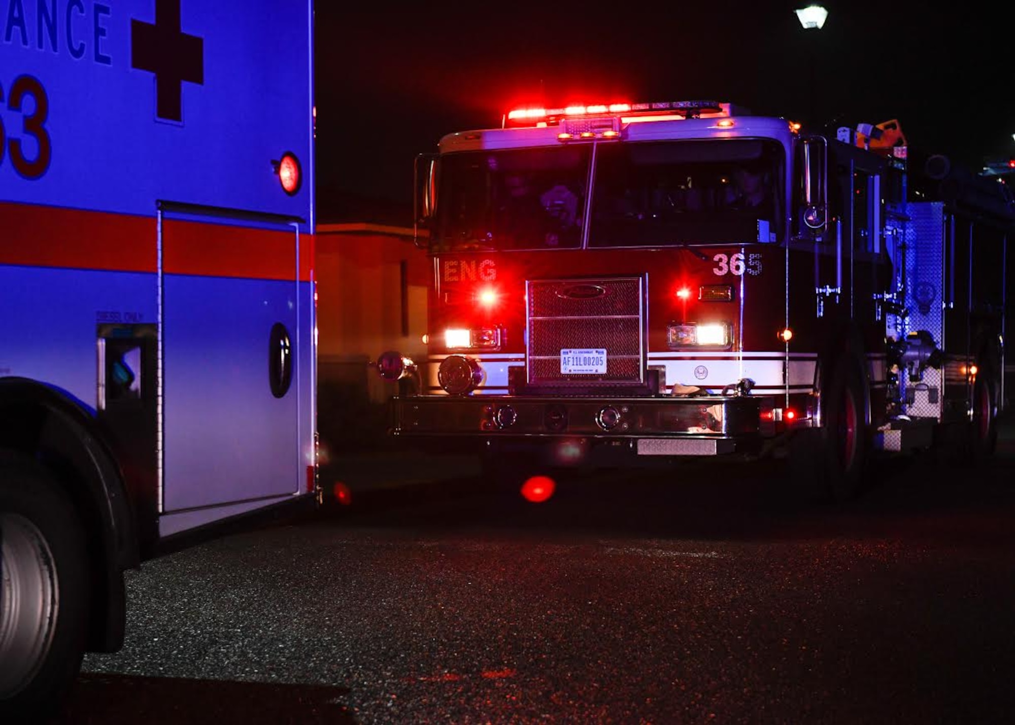 Luke Air Force Base firefighters arrive at an on-base medical emergency in the early hours of the morning Dec. 9, 2019, at Luke Air Force Base, Ariz.