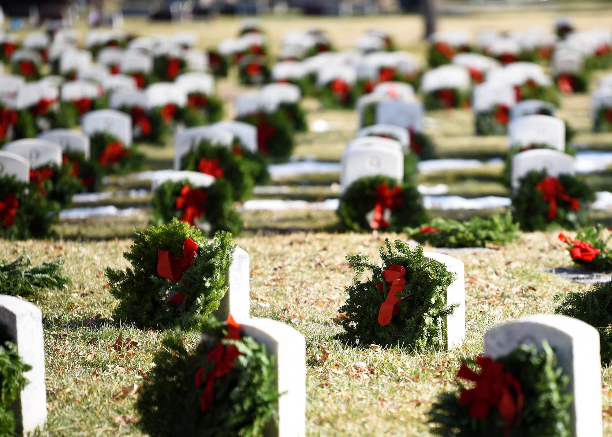 Wreaths are placed on the graves of departed veterans at Fairmount Cemetery in Denver, Dec. 14, 2019.