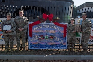 U.S. Army Soldiers assigned to the 331st Transportation Company, 11th Trans. Battalion, 7th Trans. Brigade (Expeditionary), pose after winning the Holiday Card Lane competition at Joint Base Langley-Eustis, Virginia, Dec. 12, 2019. The theme for 2019 was “Holidays Around the World”. (U.S. Air Force photo by Senior Airman Derek Seifert)