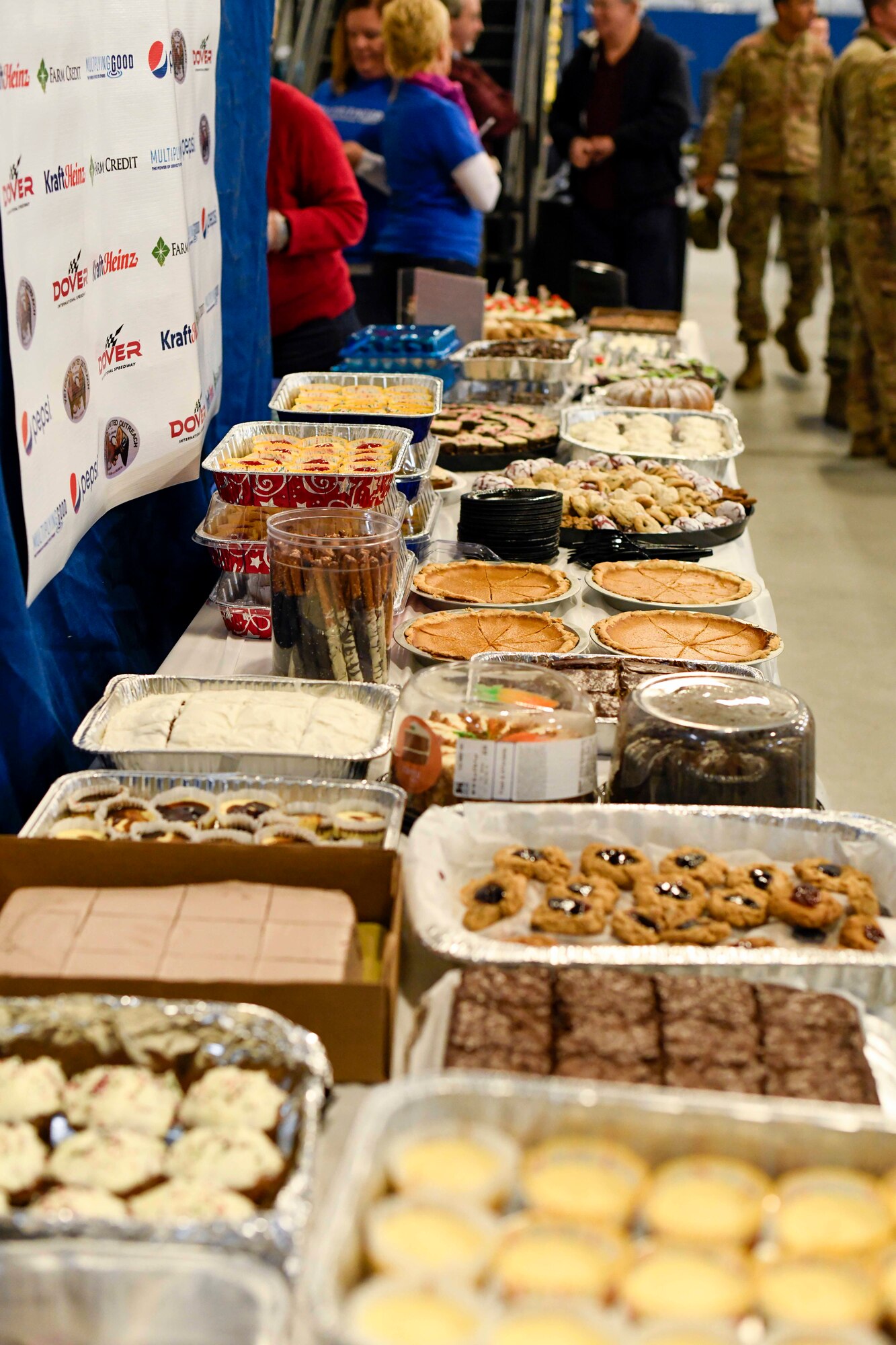 Food waits to be served during the Feed the Troops event at Dover Air Force Base, Del., Dec. 17, 2019. Volunteers prepared, transported and served food to hundreds of Airmen and family members throughout the event. (U.S. Air Force photo by Senior Airman Eric M. Fisher)