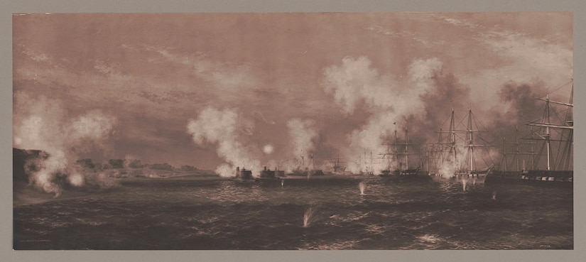 Several tall ships and two submarines are near a coastline. Smoke billows from several areas.