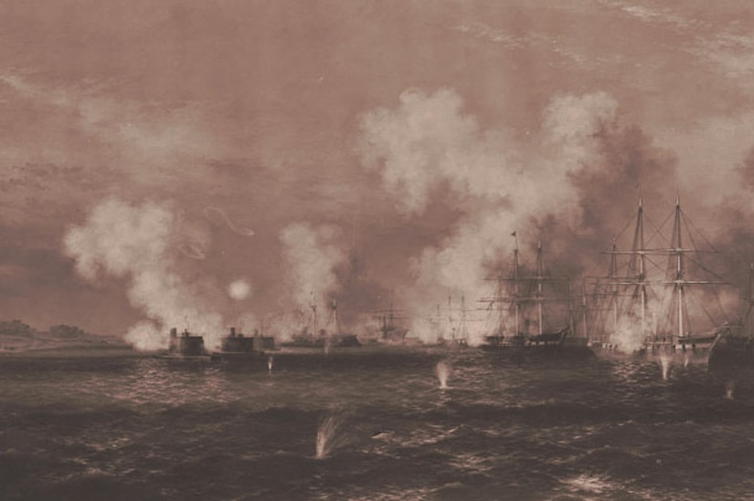 A view of the naval attack on Fort Fisher during the Civil War.