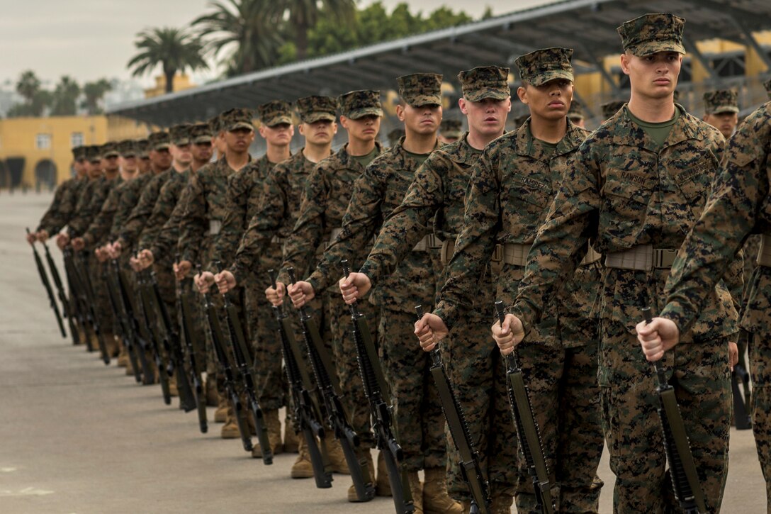 A group of Marine Corps recruits stand in a line during an evaluation.
