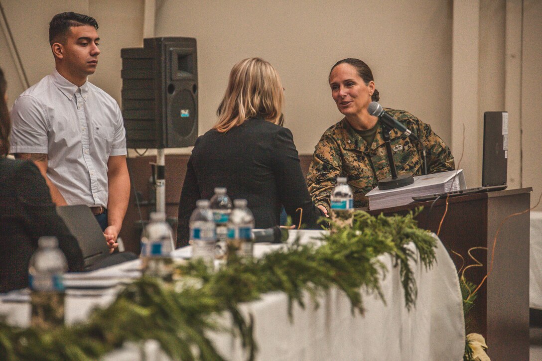 U.S. Marine Corps Brig. Gen. Bobbi Shea, commanding general of 1st Marine Logistics Group, is the keynote speaker for the 3rd annual Leadership and Education Symposium at Marine Corps Air Station Camp Pendleton, California on Dec. 13, 2019. Marine Aircraft Group 39 and MCAS Camp Pendleton hosted the 3rd annual Leadership and Education Symposium to “deliberately inspire others” while discussing topics relevant to today’s issues and provide networking, education, mentorship, and personal and professional development programs for all Marines and Sailors. (U.S. Marine Corps Photo by Pfc. Ulises Salgado)