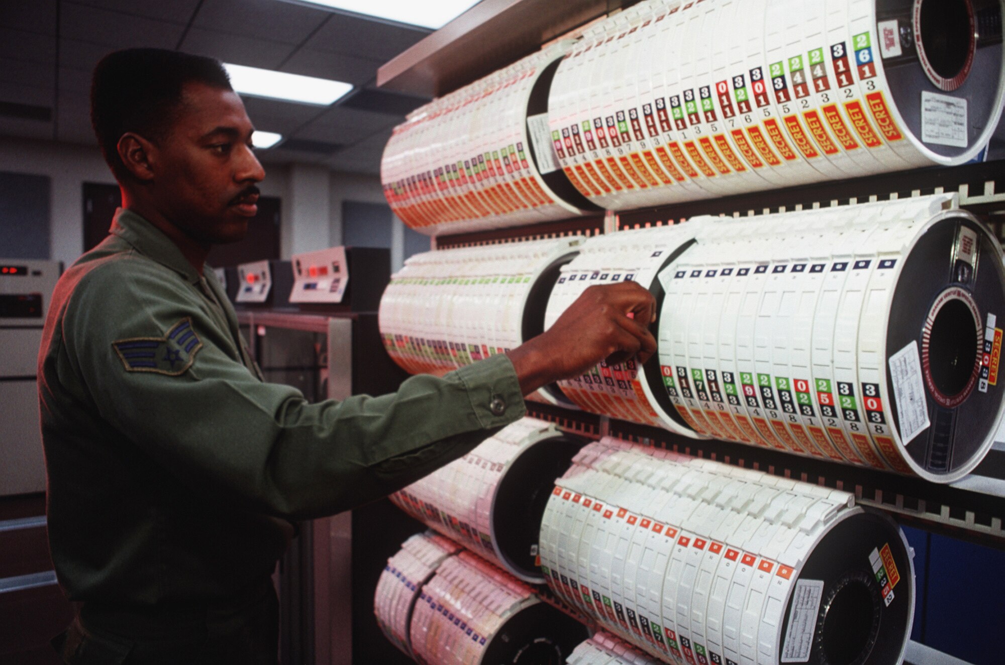 Sgt. Darrell Harrison, 1002nd Space Systems Support Squadron, manages data systems monitoring the flight of satellites at Falcon Air Force Station, Colorado, which would eventually become Schriever Air Force Base, Colorado. The 50th SW is recognizing 30 years of being the primary operators of the United States Air Force’s space mission. (U.S. Air Force photo by Staff Sgt. Scott Stewart)