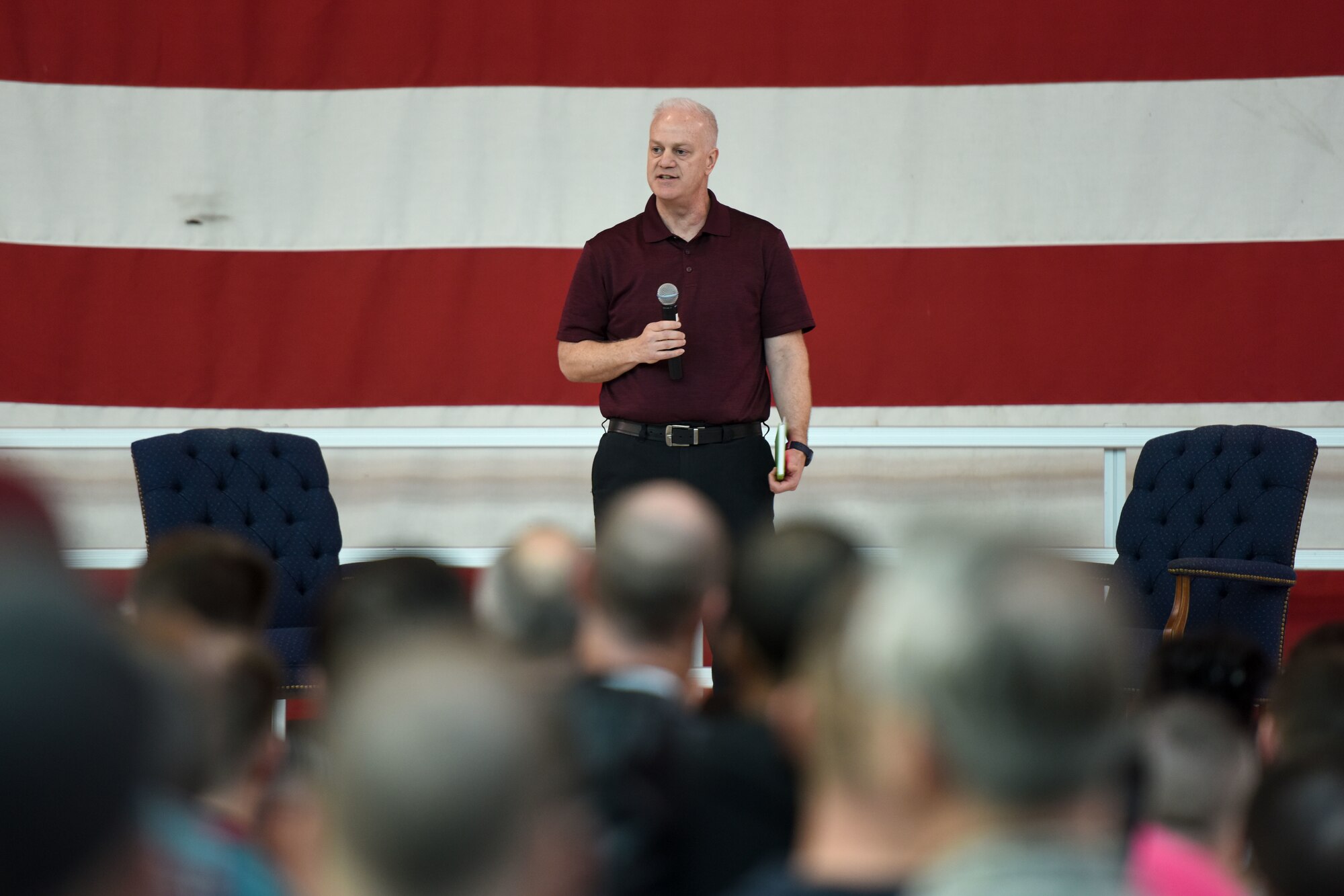 South Carolina Air National Guard personnel assemble in the aircraft hangar to participate in personal resilience training.