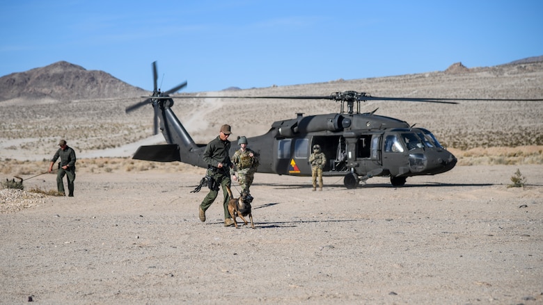 Military Working Dogs and their handlers disembark from a UH-60 Blackhawk helicopter flown by A Company, 2916th Aviation Battalion, during a joint Military Working Dog training session at the National Training Center on Fort Irwin, California, Dec. 11. (Air Force photo by Giancarlo Casem)