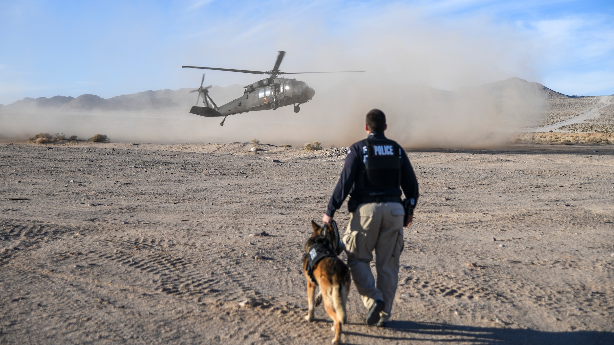 A UH-60 Blackhawk helicopter, assigned to A Company, 2916th Aviation Battalion, lands just outside a training village at the National Training Center on Fort Irwin, California, Dec. 11. The NTC hosted the first-ever event and invited MWD teams from Edwards and Nellis Air Force bases, as well as Marine Corps Logistics Base-Barstow. (Air Force photo by Giancarlo Casem)