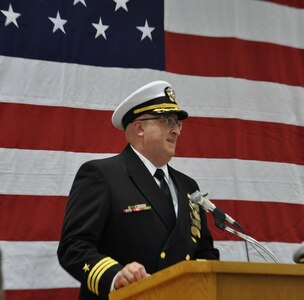 SASEBO, Japan (Dec. 12, 2019) Cmdr. Kirk Sowers, incoming commanding officer of Naval Beach Unit (NBU) 7, delivers remarks during the change of command ceremony onboard Commander, Fleet Activities Sasebo. Cmdr. Kirk Sowers, a native of Santa Cruz, California, relieved Cmdr. Greta Densham as commanding officer of NBU 7, which serves as the training and readiness command for landing craft, air cushions, landing craft utilities, and beach party teams forward-deployed in Japan. NBU 7, part of Expeditionary Strike Group (ESG) 7, is operating in the Indo-Pacific region to enhance interoperability with partners and serve as a ready-response force for any type of contingency.
