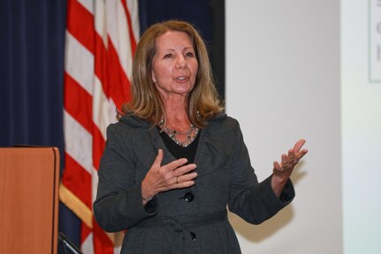 Guest Speaker Dr. Debbie Pfeiffer, from Virginia School for the Deaf and the Blind, addresses NNSY employees during National Disability Employment Awareness Month.