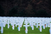 Dr. Mark T. Esper, Secretary of Defense and Army Gen. Mark A. Milley, chairman of the Joint Chiefs of Staff, visit the Luxembourg American Cemetery and Memorial during a ceremony, Dec. 16, 2019. The visit was part of a U.S. delegation tour of the region during the 75th commemoration and anniversary of the Battle of the Bulge. The cemetery, containing 5,073 American war dead, covers 50.5 acres (20.4 ha) and was dedicated in 1960. It is administered by the American Battle Monuments Commission.
