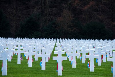 Dr. Mark T. Esper, Secretary of Defense and Army Gen. Mark A. Milley, chairman of the Joint Chiefs of Staff, visit the Luxembourg American Cemetery and Memorial during a ceremony, Dec. 16, 2019. The visit was part of a U.S. delegation tour of the region during the 75th commemoration and anniversary of the Battle of the Bulge. The cemetery, containing 5,073 American war dead, covers 50.5 acres (20.4 ha) and was dedicated in 1960. It is administered by the American Battle Monuments Commission.