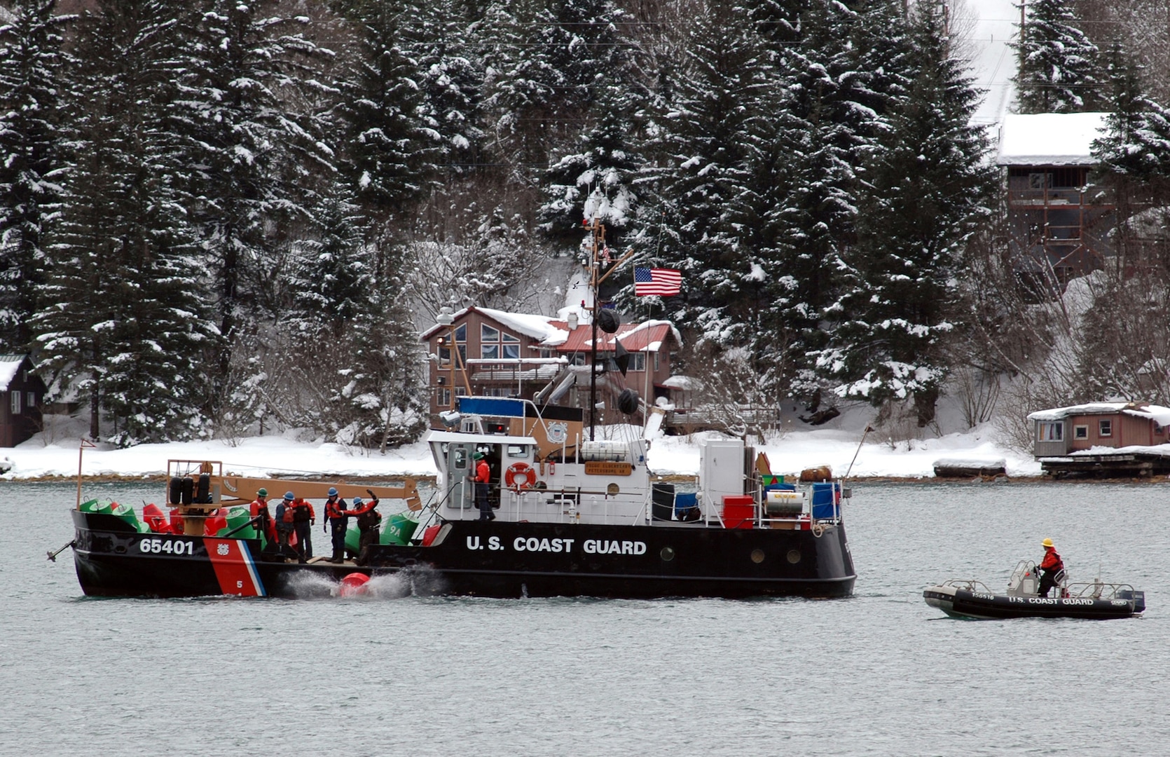 JUNEAU, Alaska - The crew of the Coast Guard Cutter Elderberry sets buoys March 22, 2007 marking the onset of spring and the upcoming recreational boating season in the Gastineua Channel. Official Coast Guard photo by Petty Officer Eric J. Chandler