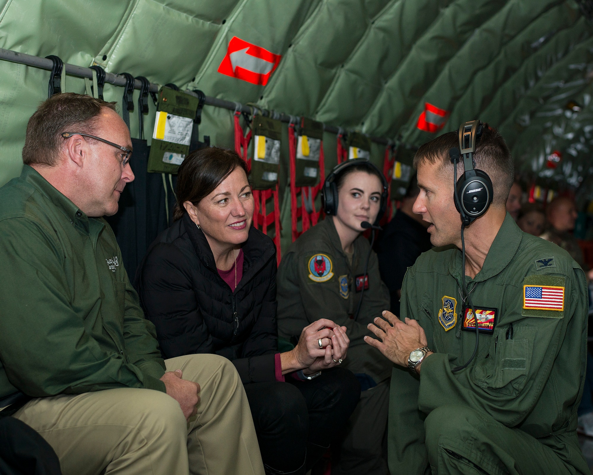 U.S. Air Force Col. Stephen Snelson, the 6th Air Refueling Wing (ARW) commander, talks with 6th ARW civic leaders aboard a KC-135 Stratotanker aircraft from MacDill Air Force Base, Fla., Dec. 17, 2019.