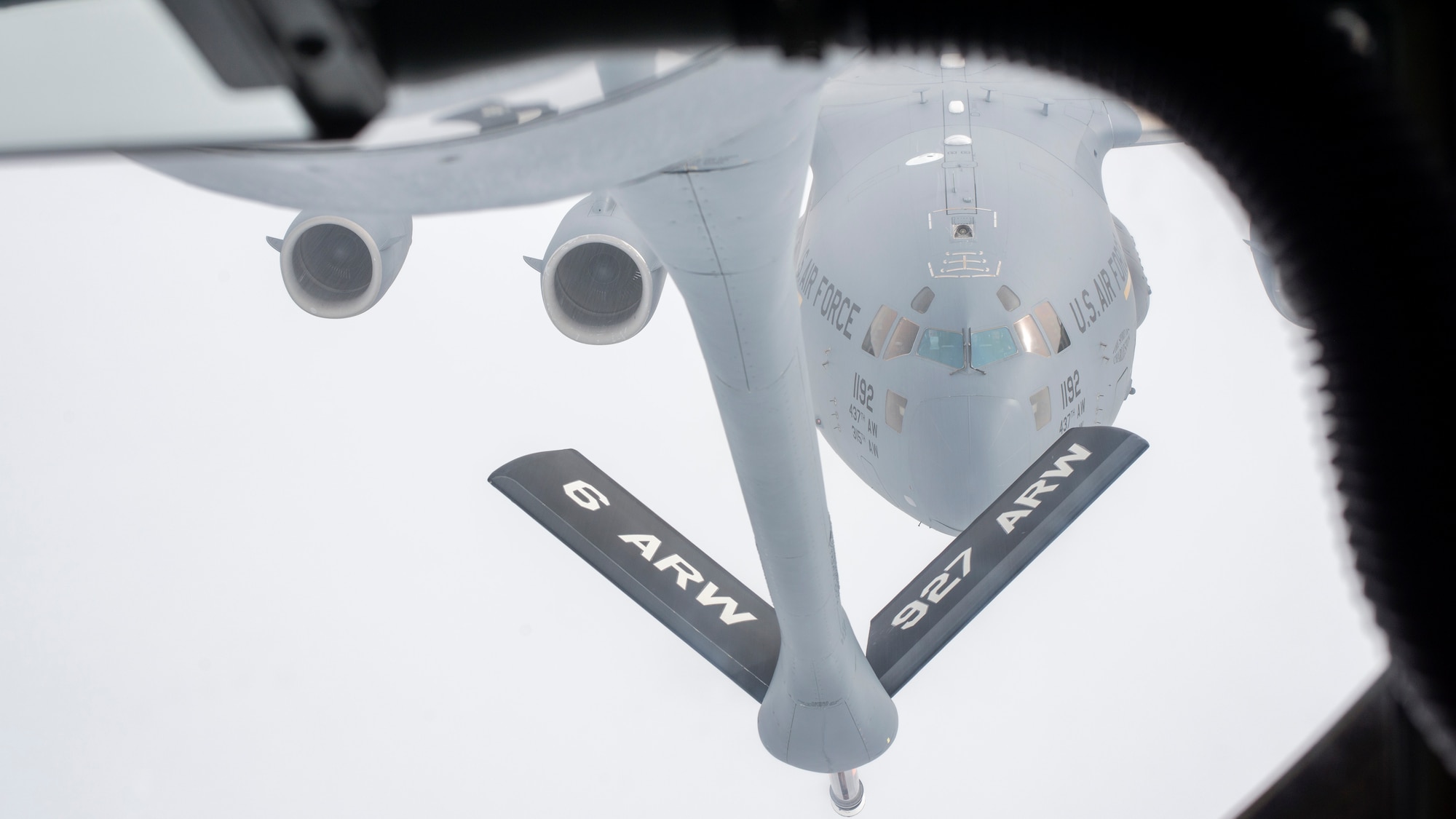 A C-17 Globemaster III aircraft from Joint Base Charleston, S.C., approaches a KC-135 Stratotanker aircraft from MacDill Air Force Base, Fla., Dec. 17, 2019.