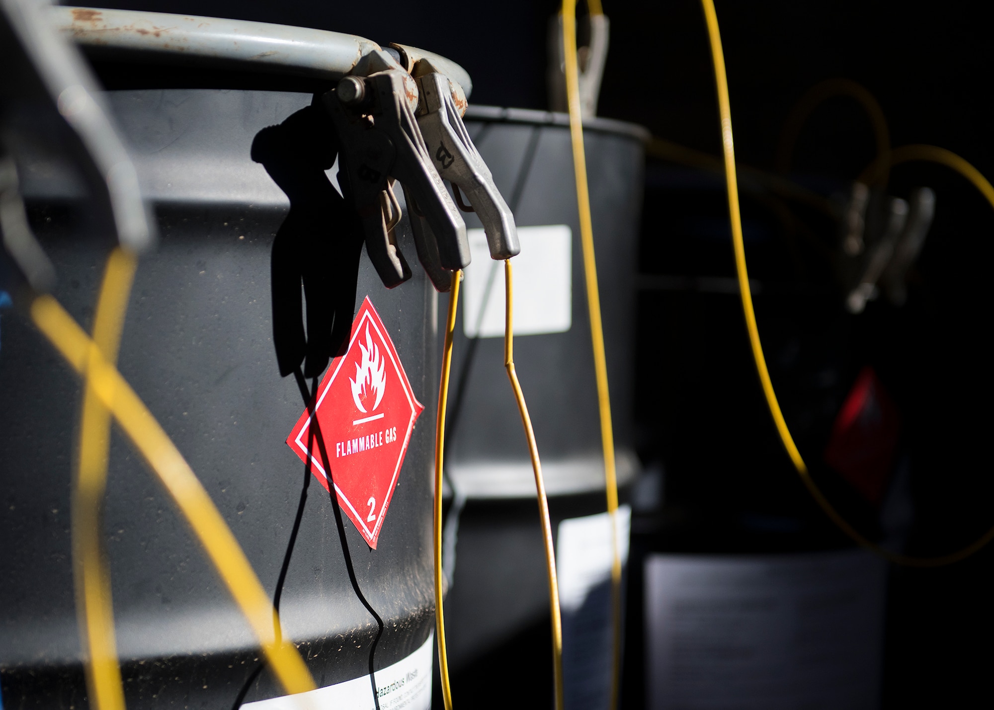 Hazardous material drums are stored in a holding facility Dec. 16, 2019, at Luke Air Force Base, Ariz.