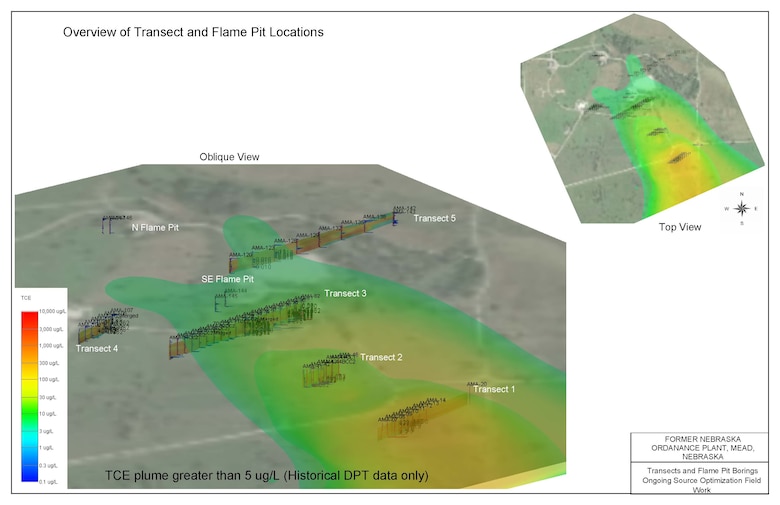Preliminary model output showing 2D and 3D membrane interface and hydraulic profiling tool (MiHPT) locations from the AMA overlaid on the existing plume boundary. Once field work is complete, the groundwater model will be updated to refine the plume boundary and improve the accuracy of overall cleanup times.