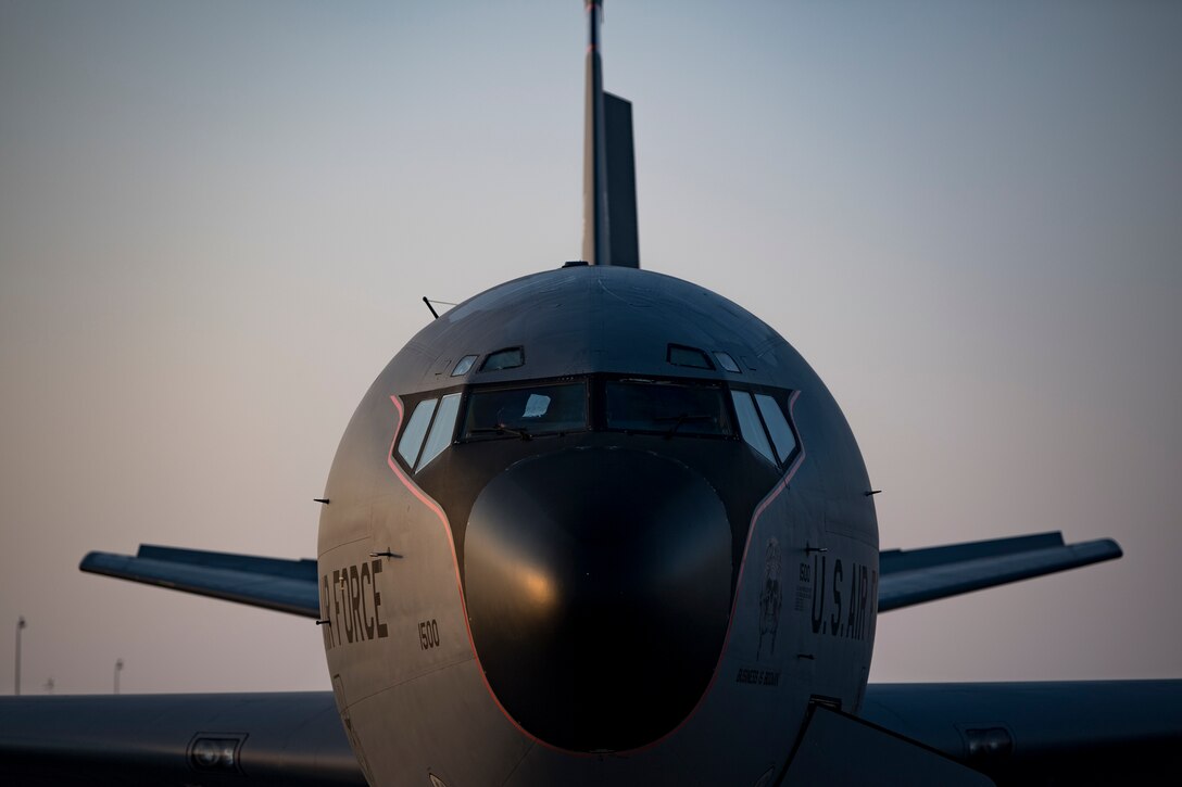 U.S. Air Force KC-135 Stratotanker aircrew members with the 28th Expeditionary Air Refueling Squadron perform preflight inspections on a Stratotanker at Al Udeid Air Base, Qatar, Dec. 3, 2019.