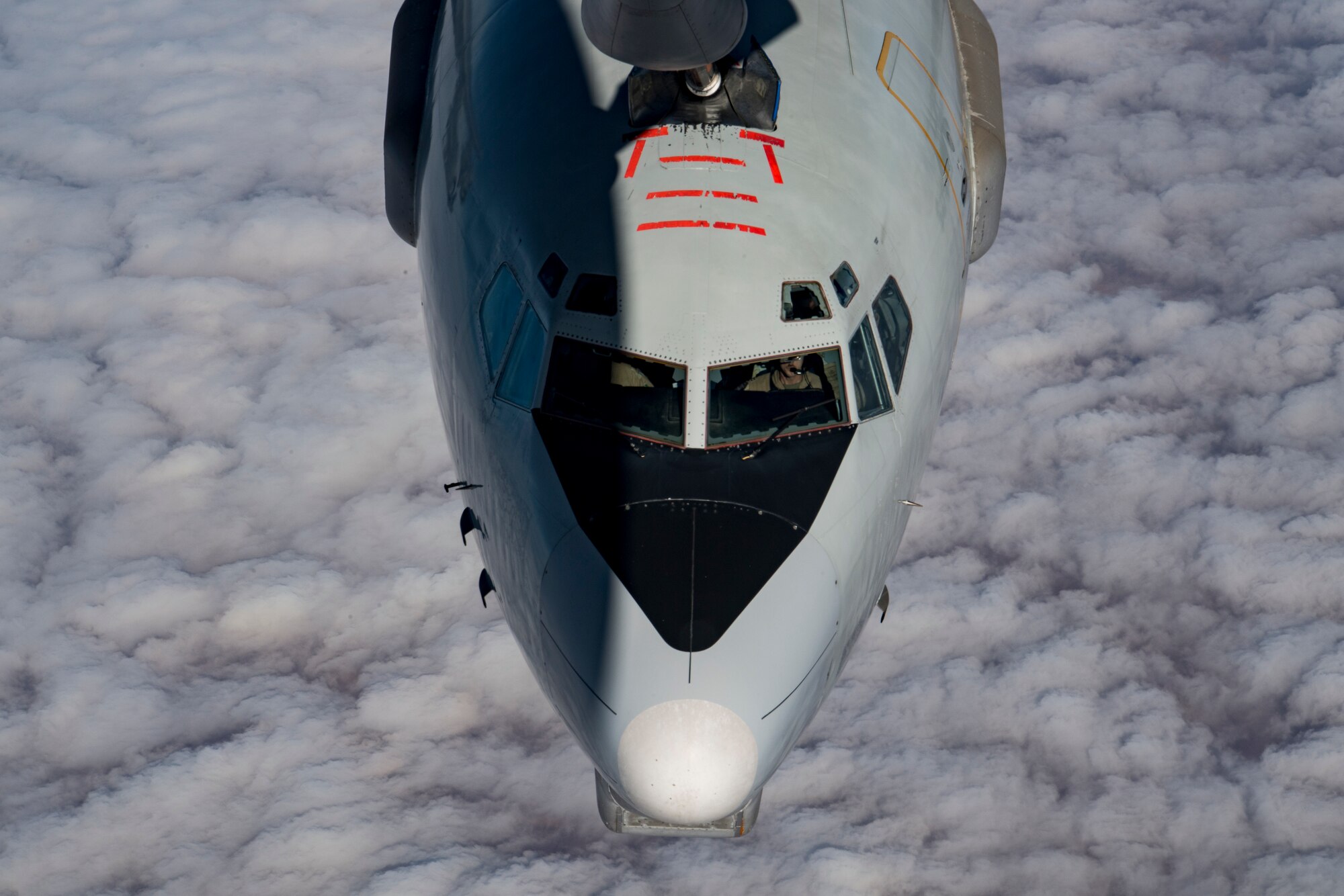 A U.S. Air Force E-3 Sentry assigned to the 968th Expeditionary Airborne Air Control Squadron receives fuel from a U.S. Air Force KC-135 Stratotanker assigned to the 28th Expeditionary Air Refueling Squadron above the Arabian Gulf, Dec. 3, 2019.