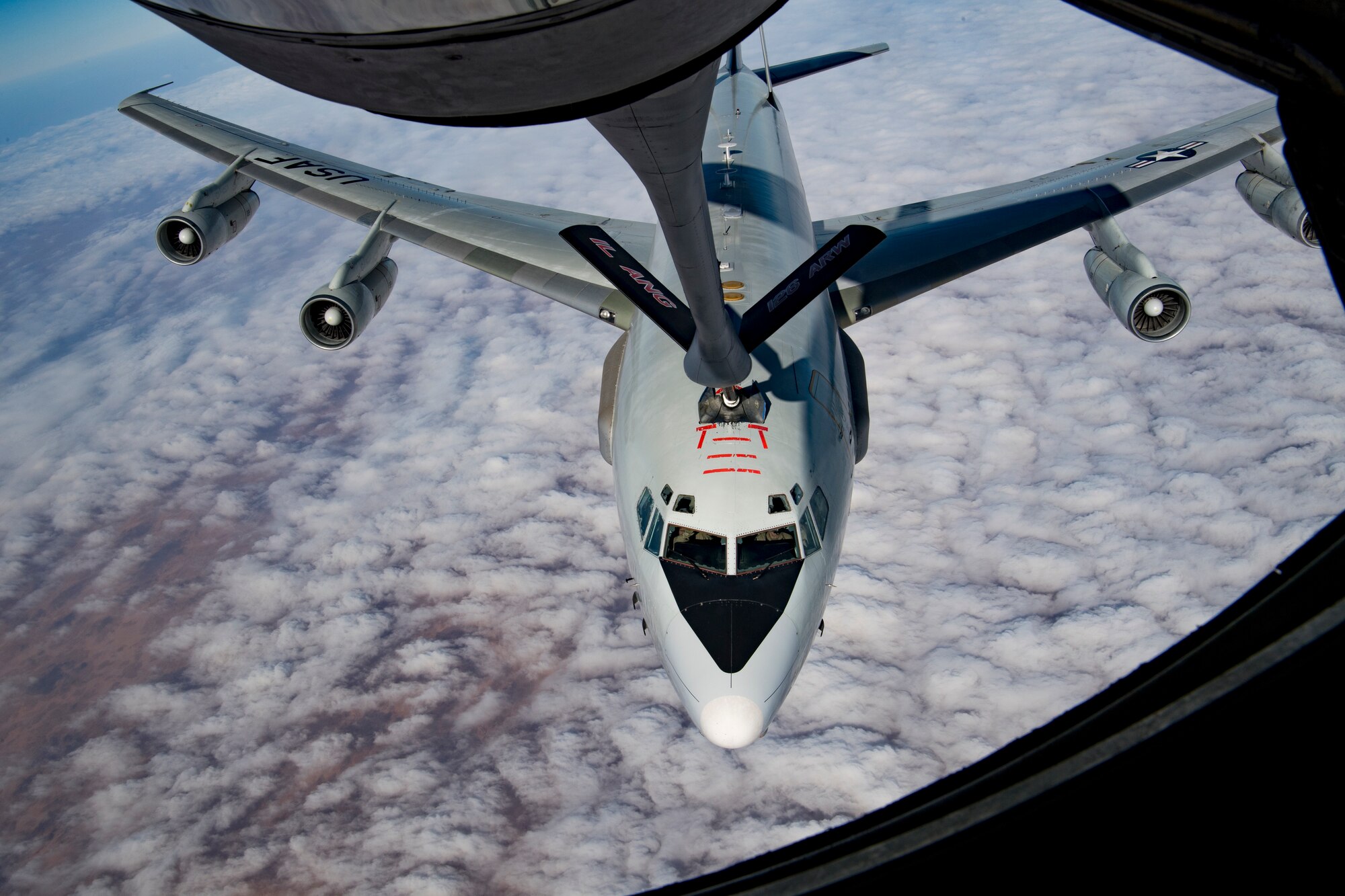 A U.S. Air Force E-3 Sentry assigned to the 968th Expeditionary Airborne Air Control Squadron receives fuel from a U.S. Air Force KC-135 Stratotanker assigned to the 28th Expeditionary Air Refueling Squadron above the Arabian Gulf, Dec. 3, 2019.