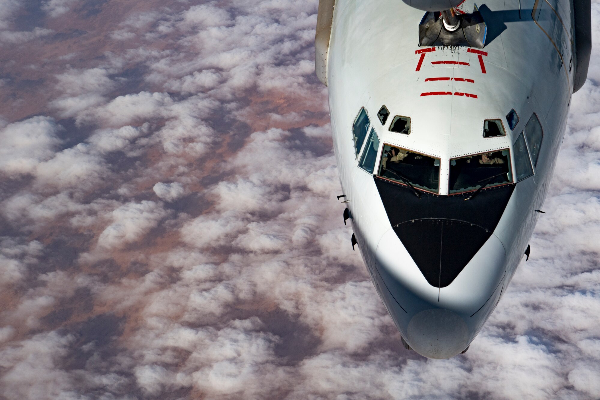 A U.S. Air Force E-3 Sentry assigned to the 968th Expeditionary Airborne Air Control Squadron receives fuel from a U.S. Air Force KC-135 Stratotanker assigned to the 28th Expeditionary Air Refueling Squadron above the Arabian Gulf, Dec. 3, 2019.
