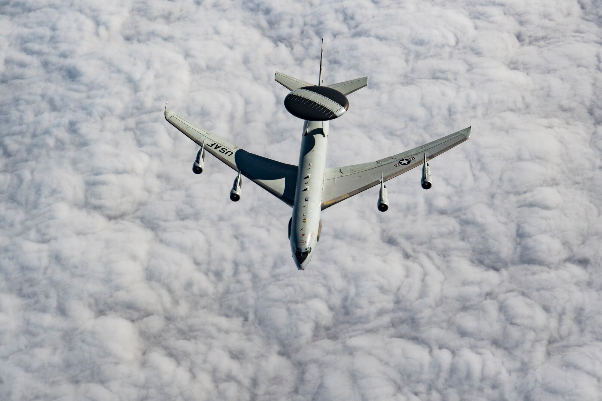A U.S. Air Force E-3 Sentry assigned to the 968th Expeditionary Airborne Air Control Squadron flies above the Arabian Gulf, Dec. 3, 2019.