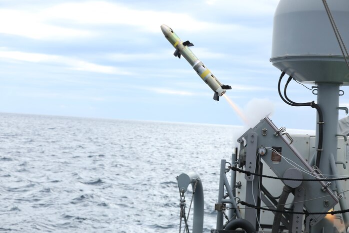 A Griffin missile is launched from the patrol coastal ship USS Hurricane (PC 3) during a test of the MK-60 Griffin guided-missile system. The exercise demonstrated a proven capability for the ships to defend themselves against small boat threats and ensure maritime security through key chokepoints in the U.S. Central Command area of responsibility.