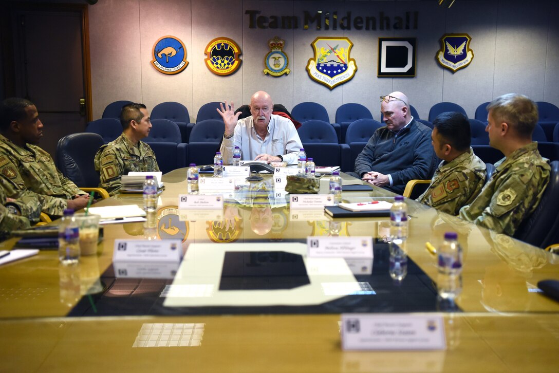 William “Doc” Schmitz, Commander-in-Chief for Veterans of Foreign Wars, speaks during a 100th Air Refueling Wing mission brief at RAF Mildenhall, England, Dec. 18, 2019. Schmitz spoke with Airmen and toured Mildenhall to learn of the base’s mission and quality of life programs. (U.S. Air Force photo by Senior Airman Brandon Esau)
