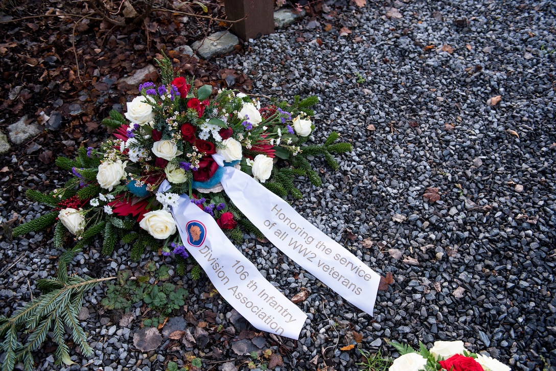 A floral arrangement dedicated to the fallen veterans, prisoners of war, and missing in action of the Battle of the Bulge in Vielsalm, Belgium, Dec. 15, 2019. The Battle of the Bulge began 75 years ago on Dec. 16, 1944 and was the largest and bloodiest single battle in U.S. history. (U.S. Air Force photo by Airman 1st Class Alison Stewart)
