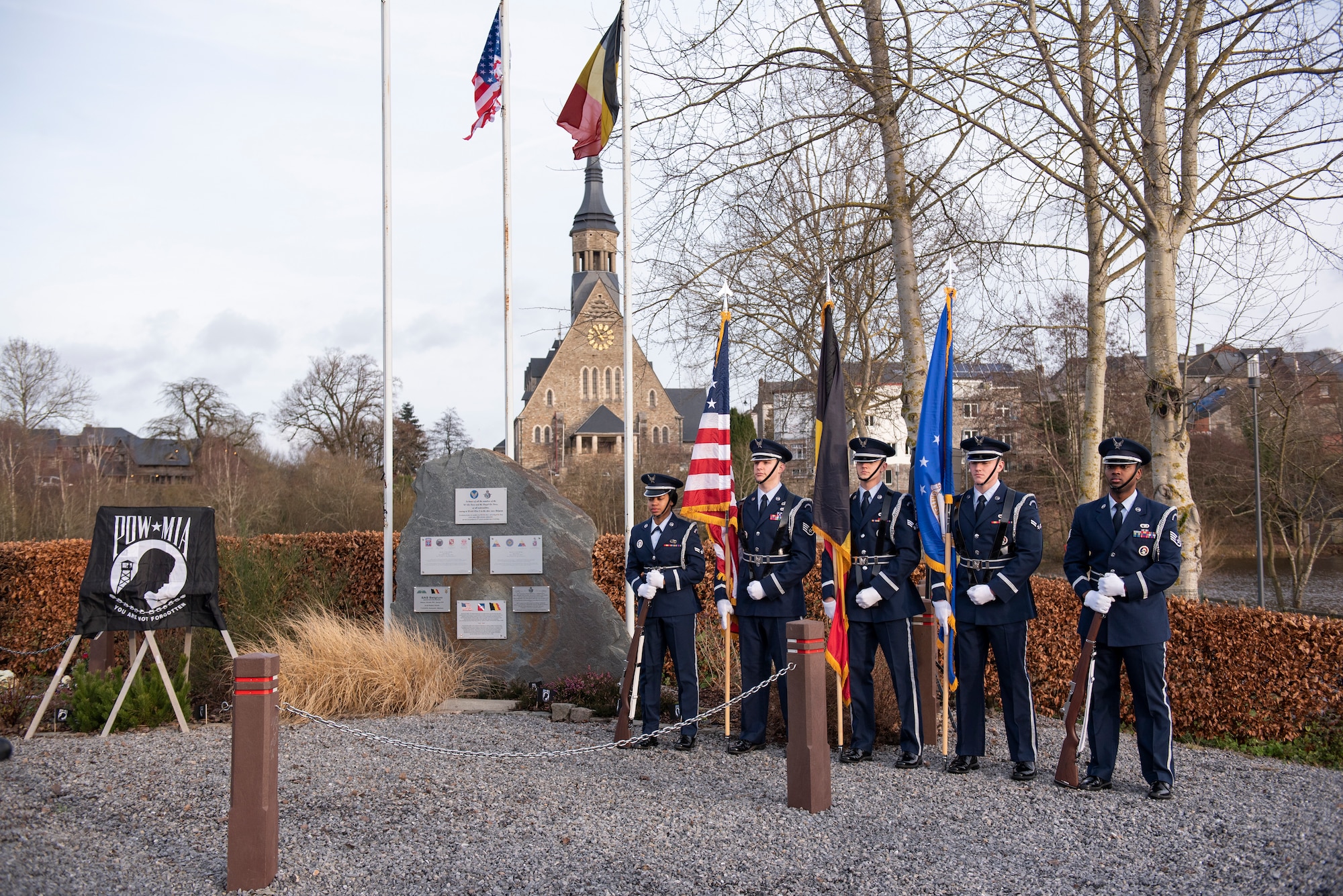 Members of the 52nd Fighter Wing Honor Guard perform a detail at the Battle of the Bulge memorial site in Vielsalm, Belgium, Dec. 15, 2019. The memorial ceremony commemorated veterans of the battle and remembered those who were prisoners of war and missing in action. (U.S. Air Force photo by Airman 1st Class Alison Stewart)