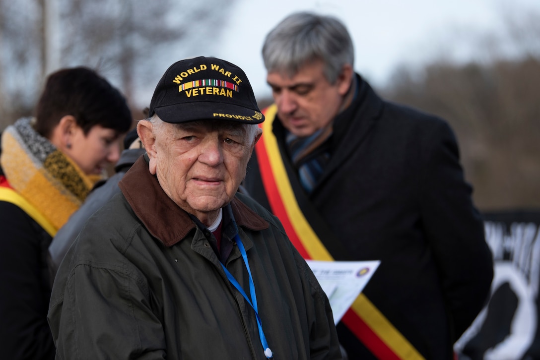 Herbert Sheaner, a Battle of the Bulge veteran, attends a ceremony commemorating the 75th anniversary of the battle in Vielsalm, Belgium, Dec. 15, 2019. Sheaner was a Private First Class in the U.S. Army during World War II, and became a prisoner of war during that time. (U.S. Air Force photo by Airman 1st Class Alison Stewart)