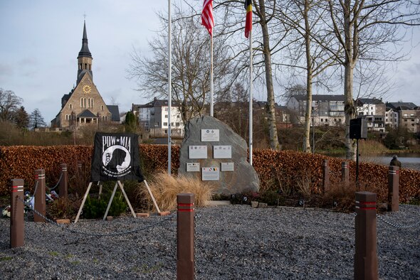 A memorial for the Battle of the Bulge stands in Vielsalm, Belgium, Dec. 15, 2019. The memorial was the location for a ceremony dedicated to remembering the beginning of the battle 75 years ago. (U.S. Air Force photo by Airman 1st Class Alison Stewart)