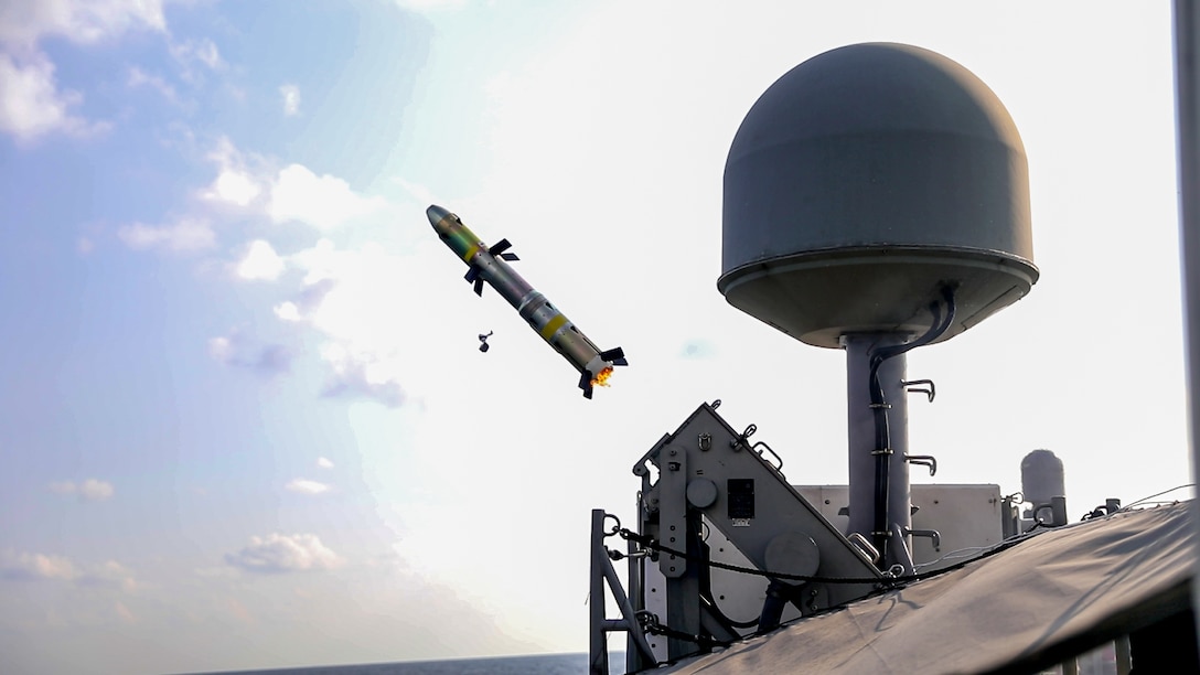 A Griffin missile is launched from the patrol coastal ship USS Hurricane (PC 3) during a test of the MK-60 Griffin guided-missile system. The exercise demonstrated a proven capability for the ships to defend against small boat threats and ensure maritime security through key chokepoints in the U.S. Central Command area of responsibility, connecting the Mediterranean and the Pacific through the western Indian Ocean and three strategic choke points.