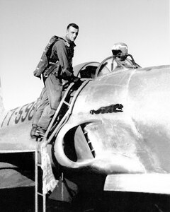 1st. Lt. Jerome Volk, seen at his F-80 Shooting Star fighter jet in October 1951 while deployed in support of the Korean War. Volk, the first Wisconsin Air National Guard pilot to die in the line of duty during the Korean conflict, was shot down during a combat sortie against communist forces Nov. 7, 1951, and his remains have never been recovered. In 1957 the Wisconsin Legislature renamed the portion of Camp Williams used by the Wisconsin Air National Guard as Volk Field.