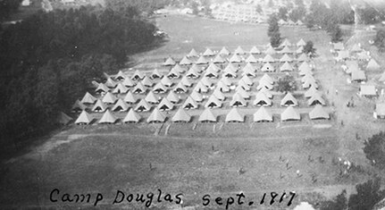 Lines of tents housed members of the Wisconsin National Guard in September 1917 at the Wisconsin Military Reservation at Camp Douglas while they prepared for service in World War I.