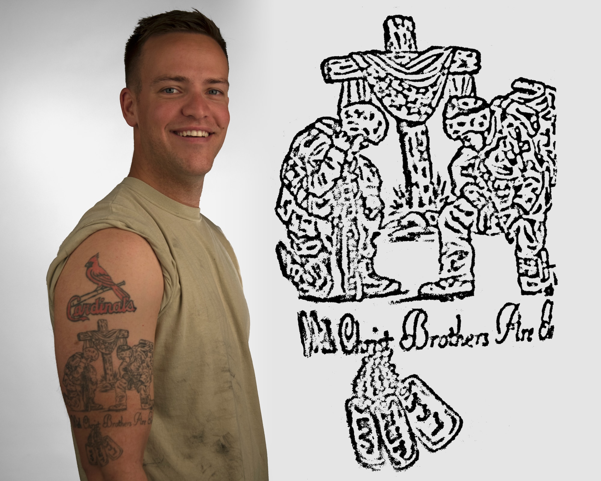 Photo of an Airman displaying a tattoo representing his important friendships