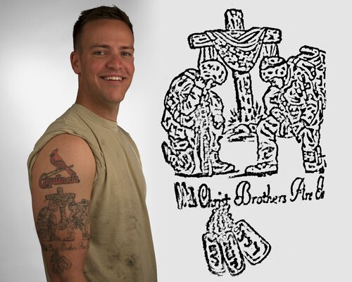 Photo of an Airman displaying a tattoo representing his important friendships