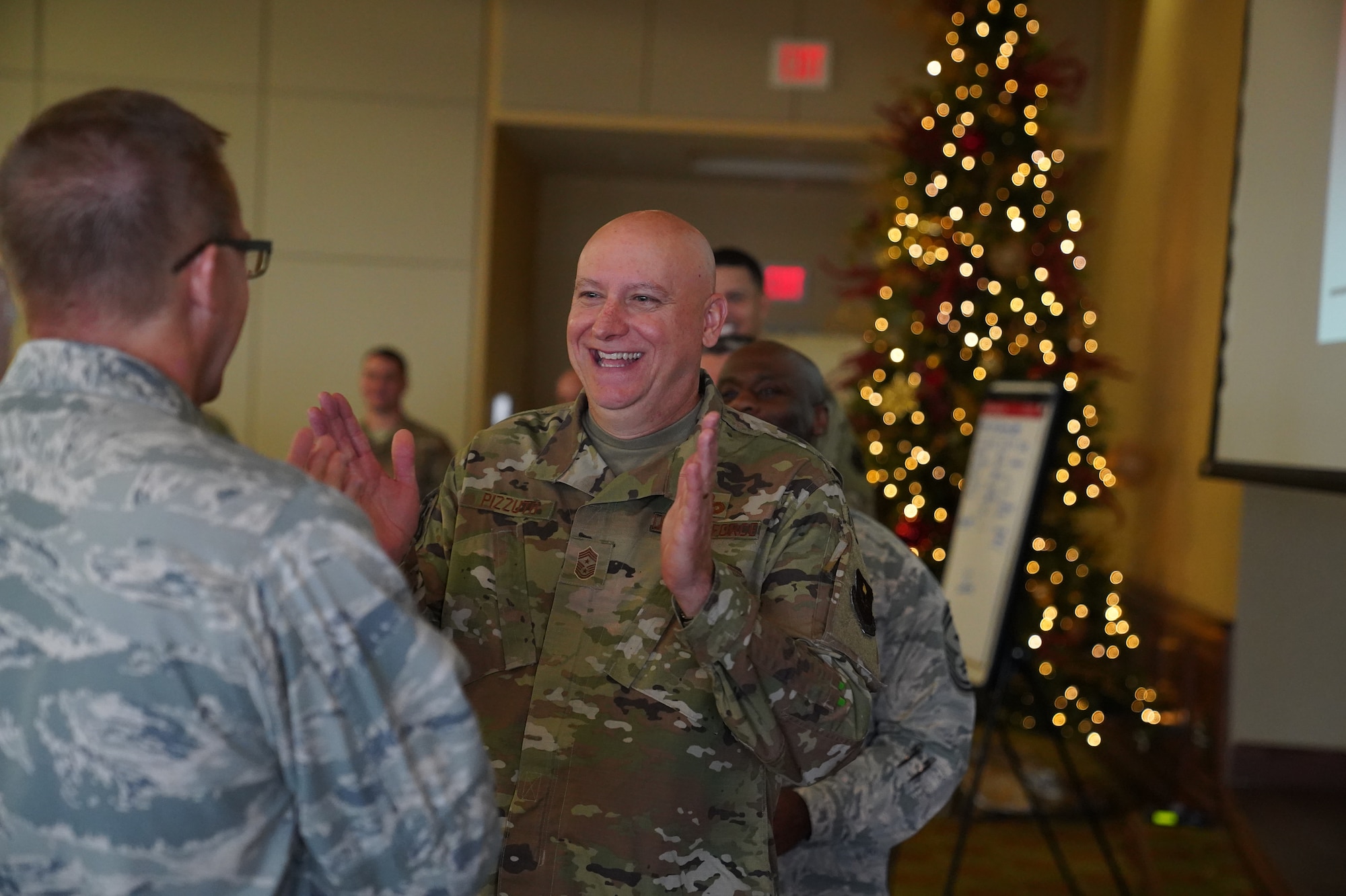 Chief Master Sgt. David Pizzuto, 81st Training Wing command chief, participates in Improv to Improve course in the Bay Breeze Event Center at Keesler Air Force Base, Mississippi, Dec. 10, 2019. Improv to Improve is an improvisation comedy resiliency class that engages military members in a safe interactive learning environment. The purpose of the class is to help combat life stress and adversity in an unconventional way. (U.S. Air Force photo by Airman 1st Class Spencer Tobler)