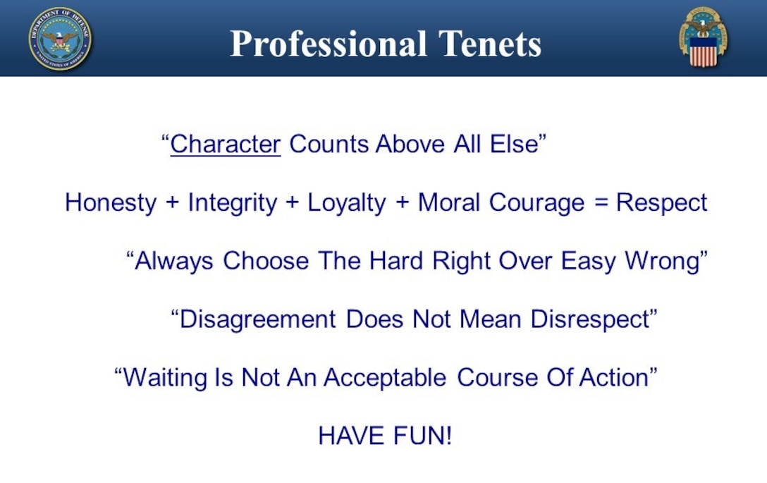 PowerPoint slide listing professional tenets including character; honesty, integrity, loyalty and moral courage; always doing the right thing; respect; and having fun.
