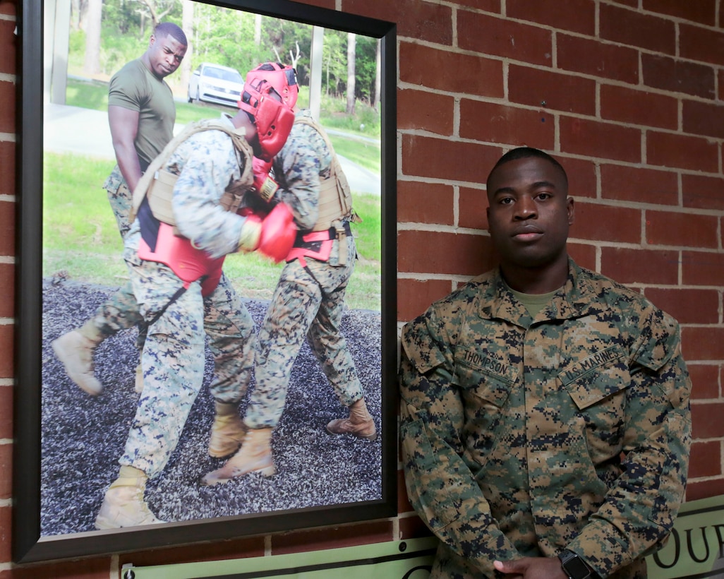 Cpl. Rushane Thompson is a martial arts instructor at Marine Corps Logistics Base Albany. Combat marksmanship, motor transport operator, company clerk and license examiner are among the other roles and duties he has embraced. (U.S. Marine Corps photo by Jennifer Parks)