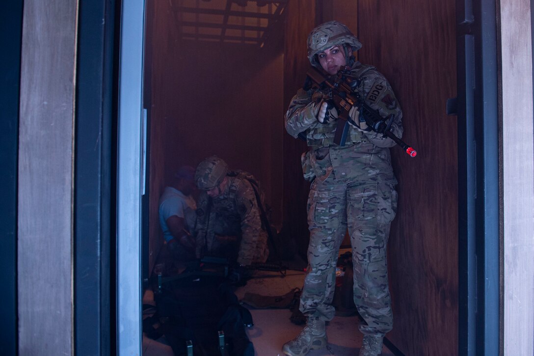 Photo of an Airman performing security during the Combat Lifesavers Course